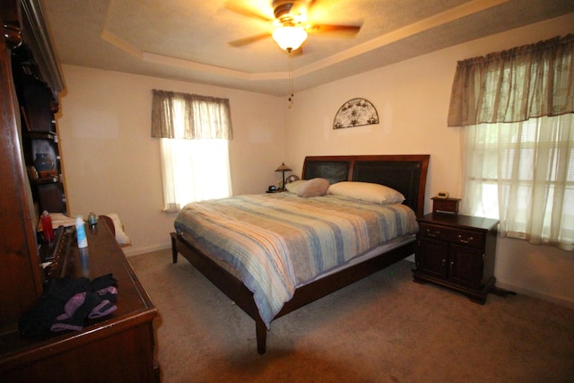 1017 Marshall Park Dr, Georgetown, KY 40324 - bedroom with baseboards, light carpet, a raised ceiling, and ceiling fan