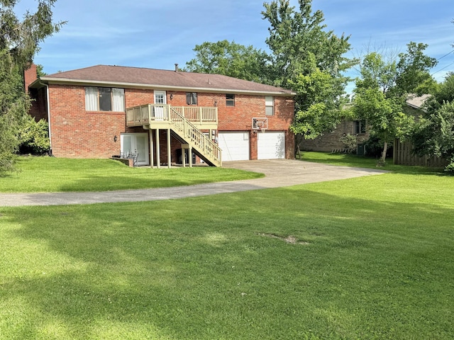 100 Cave Run Rd, Frankfort, KY 40601 - back of house featuring stairs, a garage, concrete driveway, a yard, and a deck