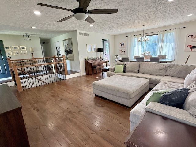 100 Cave Run Rd, Frankfort, KY 40601 - living area with ceiling fan, a chandelier, a textured ceiling, recessed lighting, and hardwood / wood-style floors