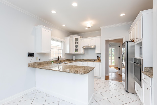 209 Juniper Dr, Nicholasville, KY 40356 - kitchen featuring appliances with stainless steel finishes, a peninsula, a sink, healthy amount of natural light, and ornamental molding