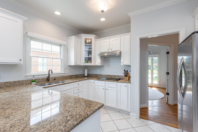 209 Juniper Dr, Nicholasville, KY 40356 - kitchen with freestanding refrigerator, a sink, under cabinet range hood, white cabinets, and light stone counters