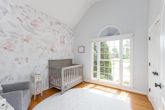 209 Juniper Dr, Nicholasville, KY 40356 - bedroom featuring a crib, light wood finished floors, high vaulted ceiling, baseboards, and a closet