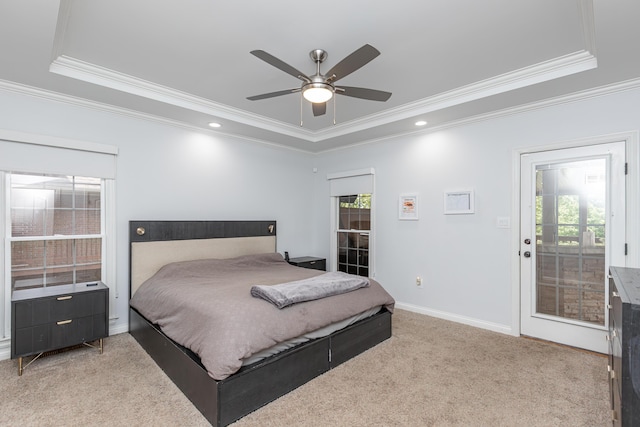 209 Juniper Dr, Nicholasville, KY 40356 - bedroom with a raised ceiling, crown molding, light carpet, a ceiling fan, and recessed lighting