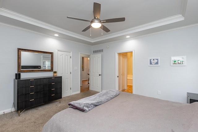 209 Juniper Dr, Nicholasville, KY 40356 - bedroom with ornamental molding, light colored carpet, a tray ceiling, ceiling fan, and recessed lighting