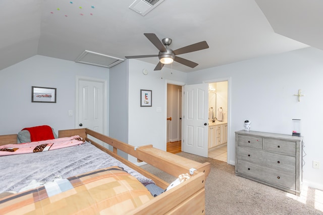 209 Juniper Dr, Nicholasville, KY 40356 - bedroom with light carpet, attic access, ceiling fan, ensuite bathroom, and vaulted ceiling