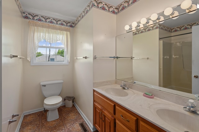 113 Alta Dr, Lawrenceburg, KY 40342 - full bathroom with baseboards, double vanity, toilet, and a shower