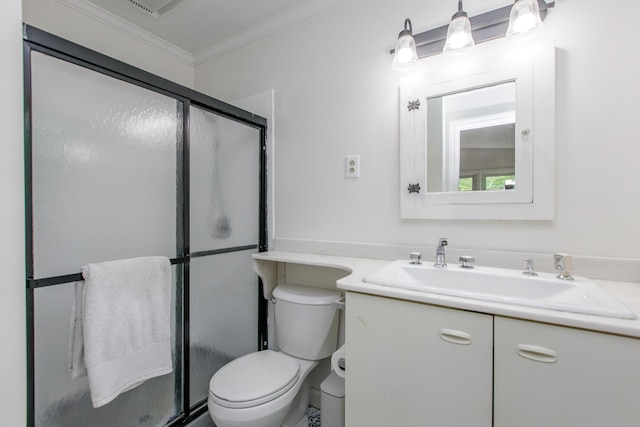 339 Greenbriar Rd, Lexington, KY 40503 - bathroom with vanity, a shower stall, crown molding, and toilet