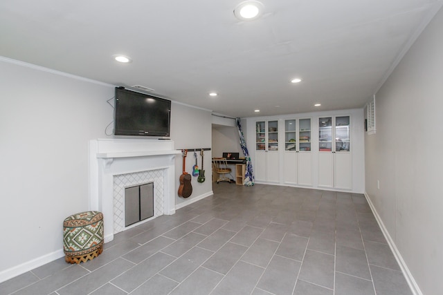 339 Greenbriar Rd, Lexington, KY 40503 - unfurnished living room with recessed lighting, baseboards, a fireplace, tile patterned floors, and ornamental molding