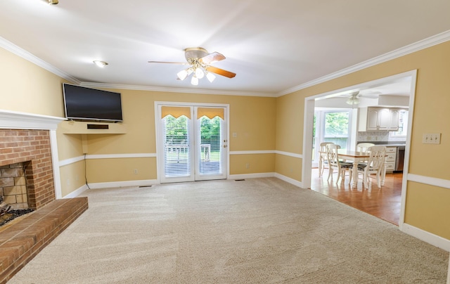 6011 Canonero Way, Versailles, KY 40383 - unfurnished living room featuring light carpet, ceiling fan, healthy amount of natural light, and crown molding