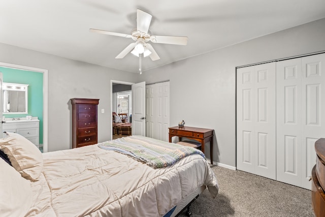 1023 Chickasaw Trl, Frankfort, KY 40601 - bedroom featuring multiple closets, carpet flooring, a ceiling fan, and ensuite bath