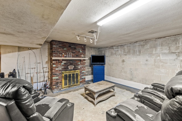1023 Chickasaw Trl, Frankfort, KY 40601 - living area featuring concrete floors, a brick fireplace, and a textured ceiling