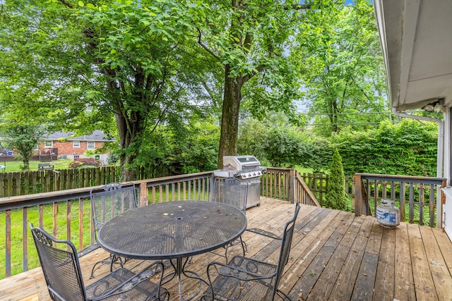 1023 Chickasaw Trl, Frankfort, KY 40601 - wooden deck featuring a fenced backyard, outdoor dining area, area for grilling, and view of wooded area
