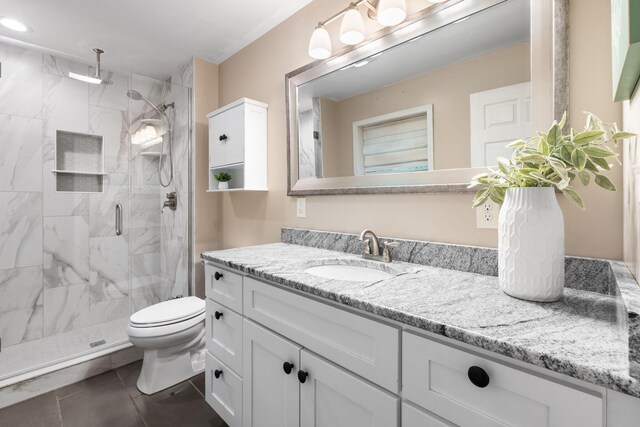 2849 Walnut Hill Rd, Lexington, KY 40515 - full bathroom with vanity, a marble finish shower, toilet, tile patterned flooring, and recessed lighting