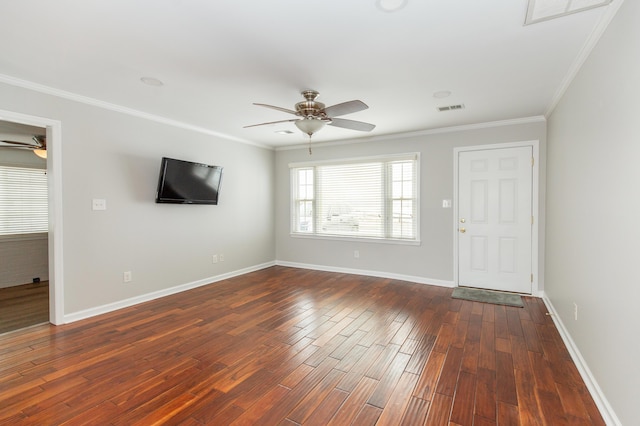 9412 Harrodsburg Rd, Wilmore, KY 40390 - unfurnished living room with a ceiling fan, dark wood-style flooring, baseboards, and crown molding