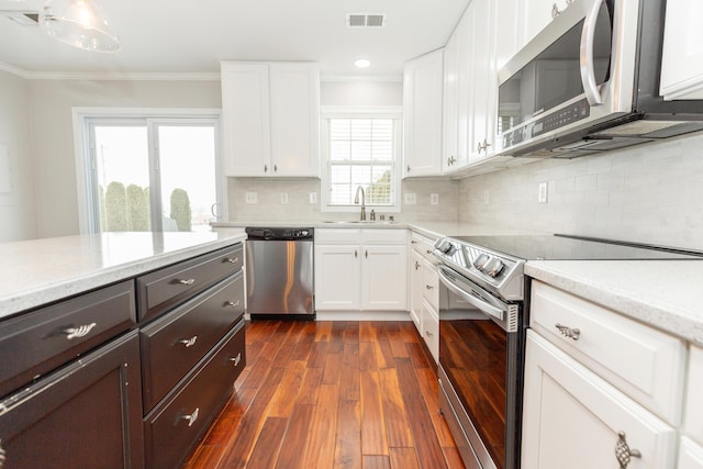 9412 Harrodsburg Rd, Wilmore, KY 40390 - kitchen with stainless steel appliances, a sink, crown molding, white cabinetry, and dark brown cabinetry