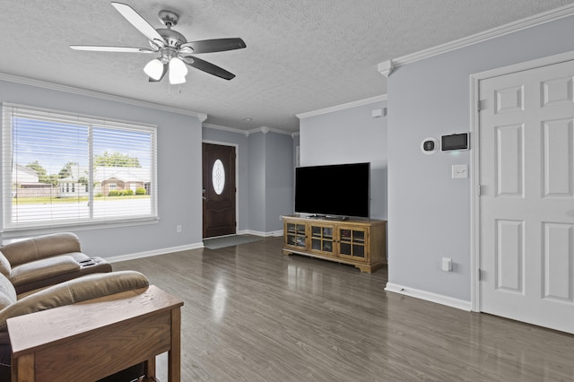 112 Covington Way, Richmond, KY 40475 - living room featuring wood finished floors, a ceiling fan, a textured ceiling, baseboards, and ornamental molding