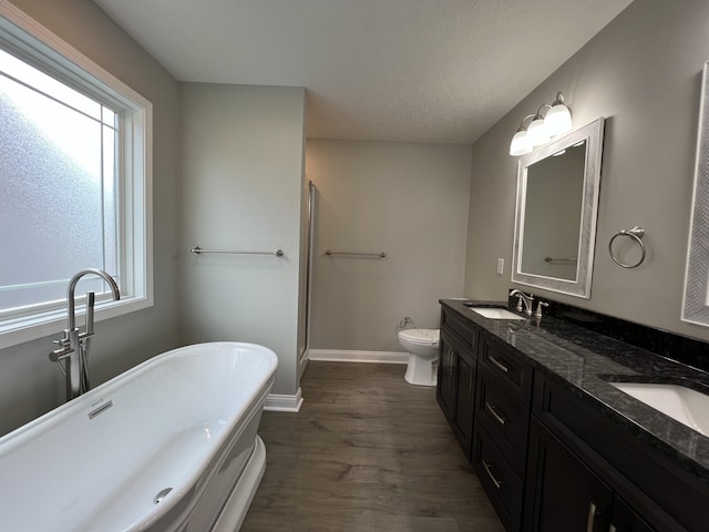 309 Gallahadion Ct, Winchester, KY 40391 - bathroom featuring double vanity, wood finished floors, baseboards, a freestanding tub, and toilet