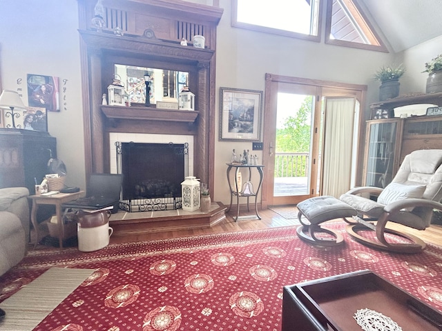 12430 E Ky-10, Quincy, KY 41166 - living room featuring plenty of natural light, wood finished floors, a fireplace with raised hearth, and high vaulted ceiling