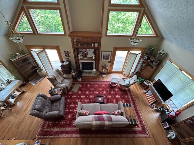 12430 E Ky-10, Quincy, KY 41166 - living room featuring high vaulted ceiling, wood finished floors, and a fireplace