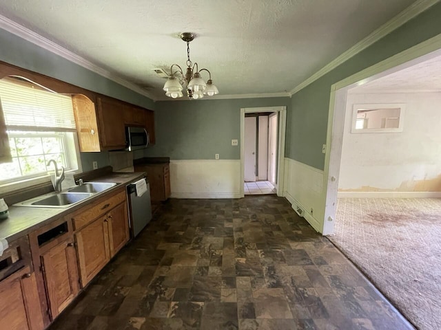5069 Ky 11, Cannon, KY 40923 - kitchen featuring appliances with stainless steel finishes, a sink, a chandelier, dark countertops, and dark stone finish floors