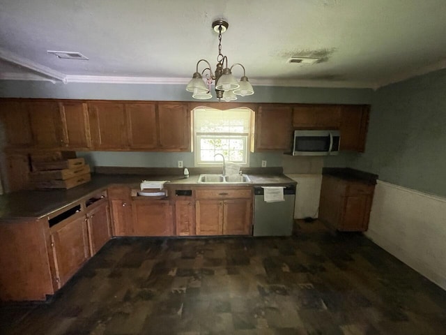 5069 Ky 11, Cannon, KY 40923 - kitchen with a sink, stainless steel appliances, dark wood-style floors, brown cabinetry, and a chandelier