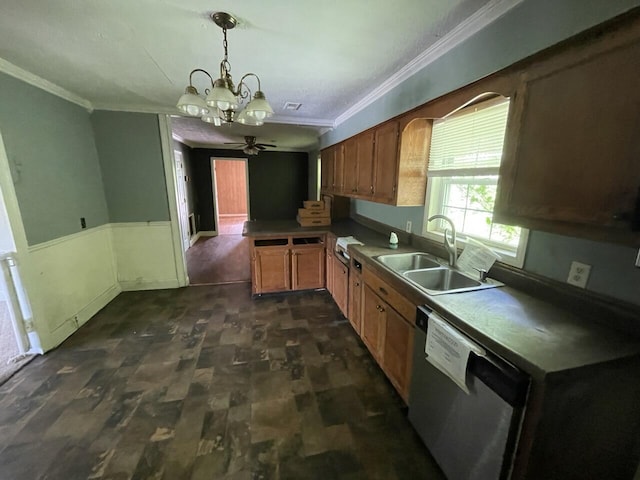 5069 Ky 11, Cannon, KY 40923 - kitchen with stainless steel dishwasher, crown molding, a sink, a chandelier, and pendant lighting