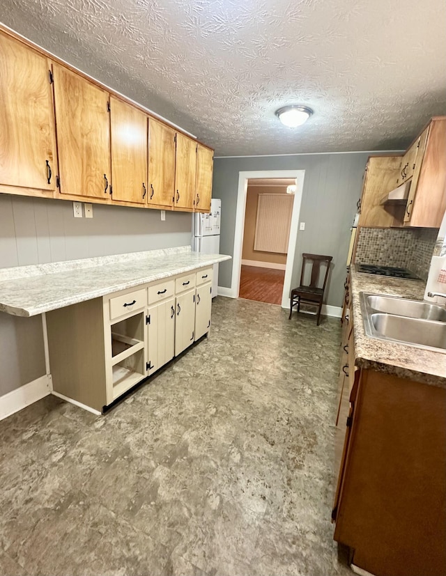 130 Shiner Church Rd, Williamsburg, KY 40769 - kitchen featuring baseboards, under cabinet range hood, light countertops, open shelves, and dark flooring