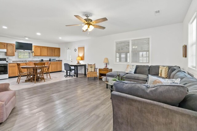 5830 Old Keno Rd, Burnside, KY 42519 - living area with ceiling fan, light wood finished floors, recessed lighting, and plenty of natural light