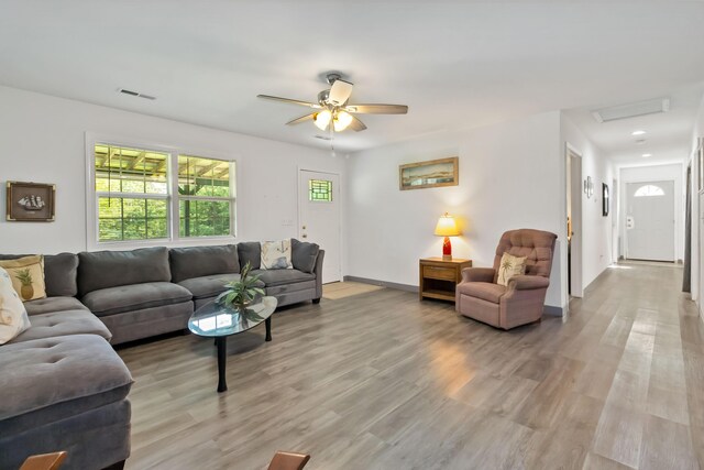5830 Old Keno Rd, Burnside, KY 42519 - living room with light wood-style floors, ceiling fan, attic access, baseboards, and recessed lighting