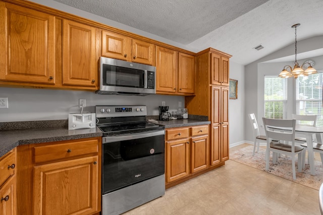 408 Joseph Bryan Way, Lexington, KY 40514 - kitchen with stainless steel appliances, brown cabinets, dark countertops, lofted ceiling, and a chandelier