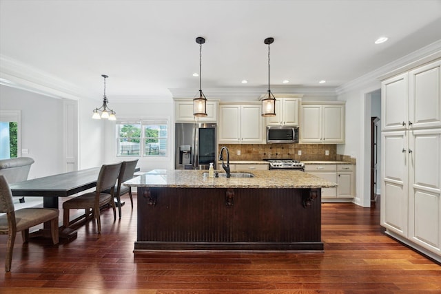 1821 Goodpaster Way, Lexington, KY 40505 - kitchen with stainless steel appliances, a sink, dark wood-style flooring, light stone countertops, and ornamental molding