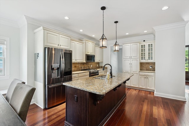1821 Goodpaster Way, Lexington, KY 40505 - kitchen with appliances with stainless steel finishes, a sink, backsplash, dark wood-style flooring, and crown molding