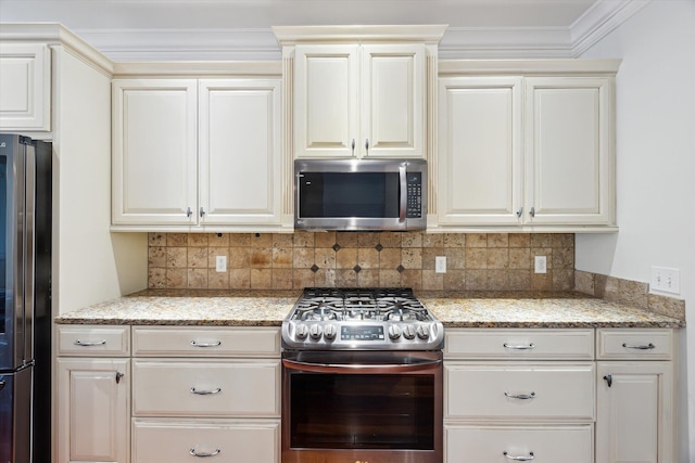 1821 Goodpaster Way, Lexington, KY 40505 - kitchen with appliances with stainless steel finishes, backsplash, light stone countertops, crown molding, and white cabinets