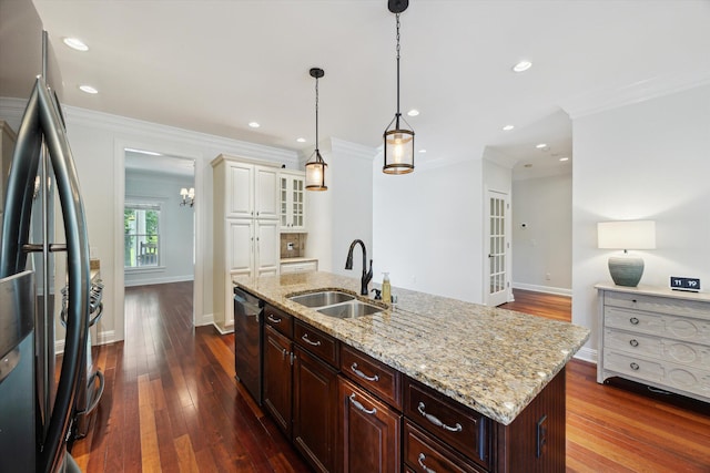 1821 Goodpaster Way, Lexington, KY 40505 - kitchen with a sink, freestanding refrigerator, dishwasher, ornamental molding, and dark wood-style floors