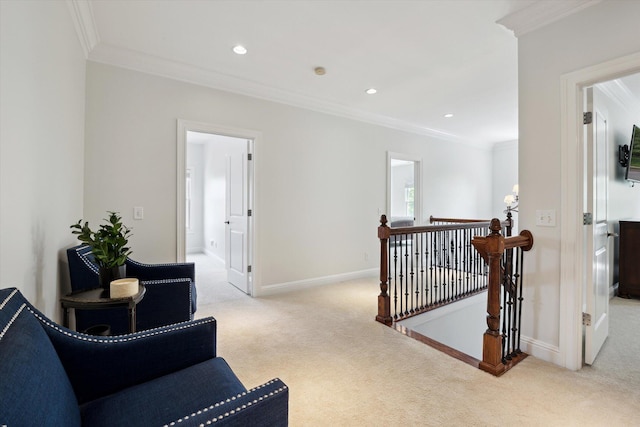 1821 Goodpaster Way, Lexington, KY 40505 - hallway featuring an upstairs landing, carpet flooring, ornamental molding, baseboards, and recessed lighting