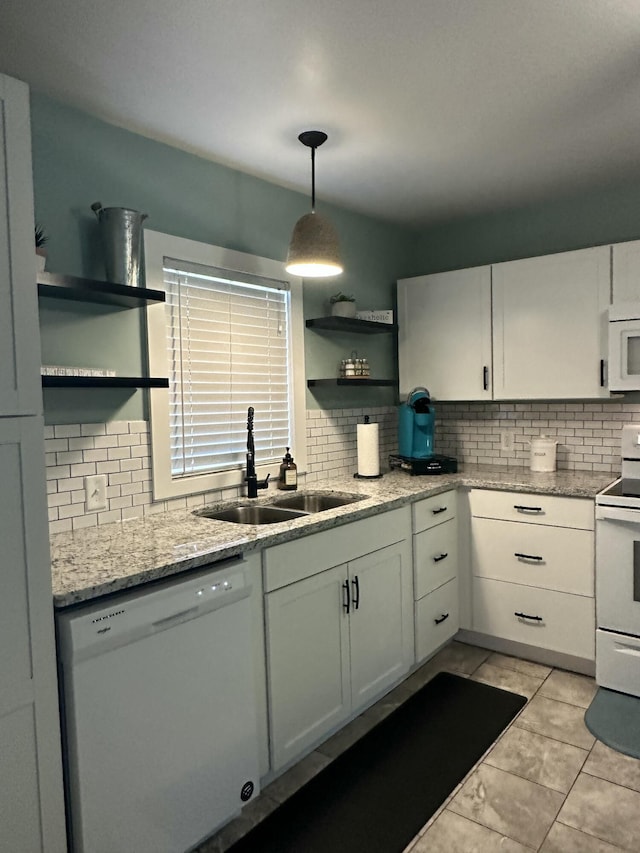 1990 Wells Landing Rd, Danville, KY 40422 - kitchen featuring open shelves, white appliances, a sink, and tasteful backsplash