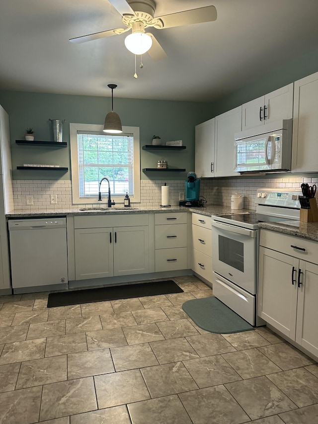 1990 Wells Landing Rd, Danville, KY 40422 - kitchen with white appliances, open shelves, a sink, decorative backsplash, and white cabinetry