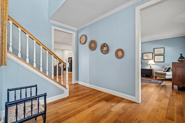 553 White Oak Rd, Stamping Ground, KY 40379 - entryway with wood finished floors, crown molding, stairway, and baseboards
