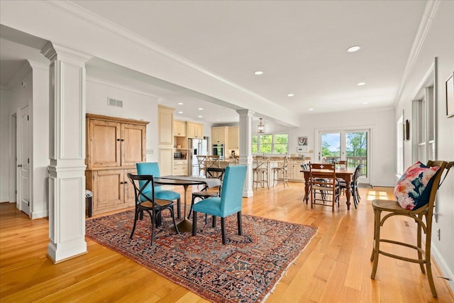 553 White Oak Rd, Stamping Ground, KY 40379 - dining area featuring decorative columns, light wood-style flooring, recessed lighting, and ornamental molding