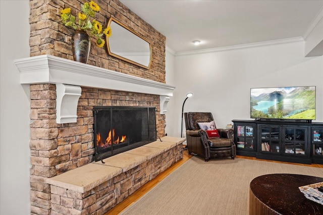 553 White Oak Rd, Stamping Ground, KY 40379 - living area featuring wood finished floors, a large fireplace, and crown molding