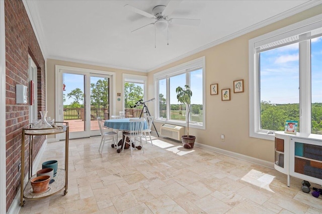 553 White Oak Rd, Stamping Ground, KY 40379 - sunroom with stone tile flooring, plenty of natural light, baseboards, a wall mounted air conditioner, and ornamental molding