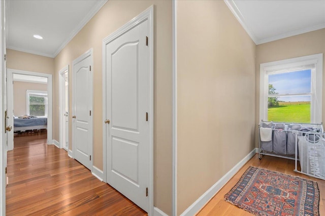 553 White Oak Rd, Stamping Ground, KY 40379 - hallway featuring crown molding, wood finished floors, baseboards, and recessed lighting