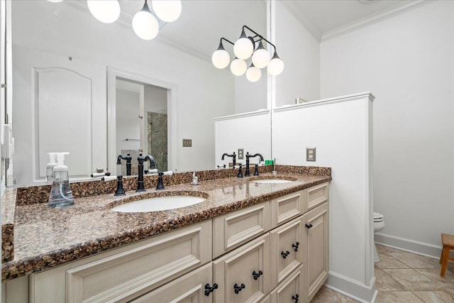 553 White Oak Rd, Stamping Ground, KY 40379 - full bath featuring crown molding, double vanity, toilet, baseboards, and a shower