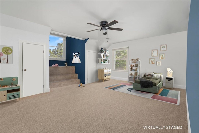 553 White Oak Rd, Stamping Ground, KY 40379 - sitting room with a ceiling fan, carpet, baseboards, and stairs