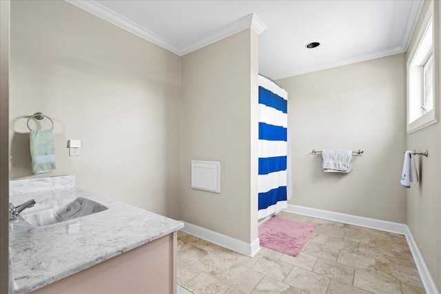 553 White Oak Rd, Stamping Ground, KY 40379 - full bathroom featuring baseboards, vanity, ornamental molding, stone finish flooring, and a shower with shower curtain