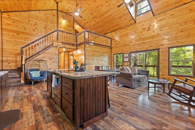 222 Muir Rd, Rogers, KY 41365 - kitchen featuring wood walls, high vaulted ceiling, open floor plan, dark wood-style floors, and dark countertops