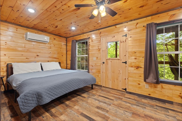 222 Muir Rd, Rogers, KY 41365 - bedroom featuring a wall mounted air conditioner, recessed lighting, wooden ceiling, hardwood / wood-style floors, and wooden walls