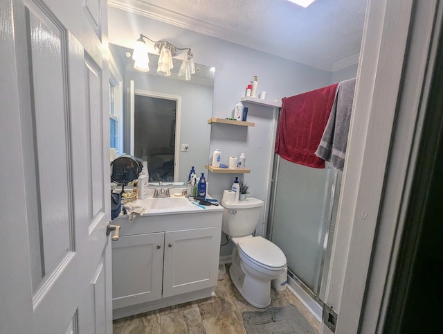 400 Verna Dr, Winchester, KY 40391 - bathroom with vanity, toilet, a chandelier, a stall shower, and crown molding
