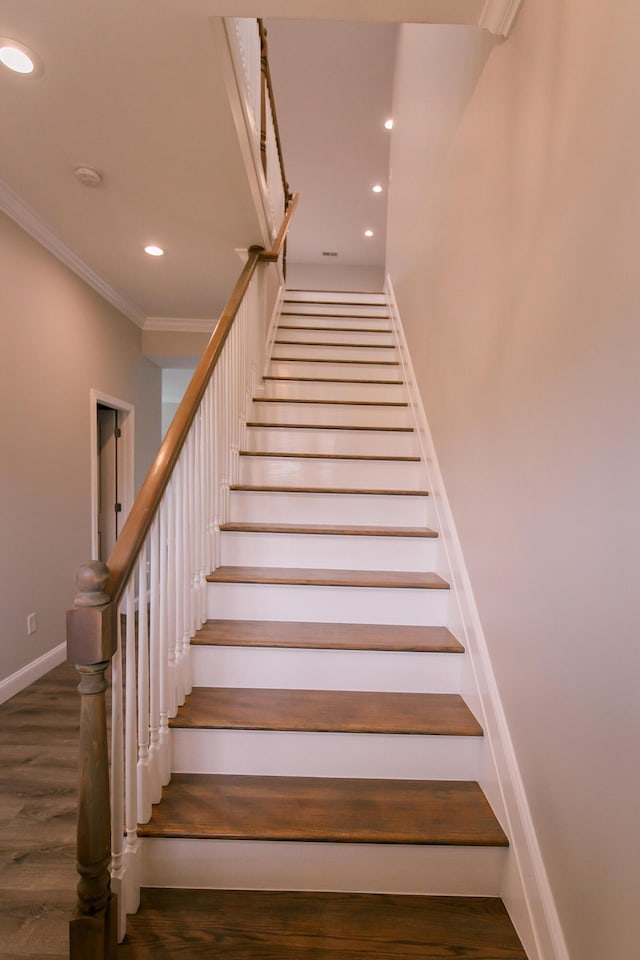4299 Captains Ct, Lexington, KY 40513 - staircase with ornamental molding, baseboards, wood finished floors, and recessed lighting