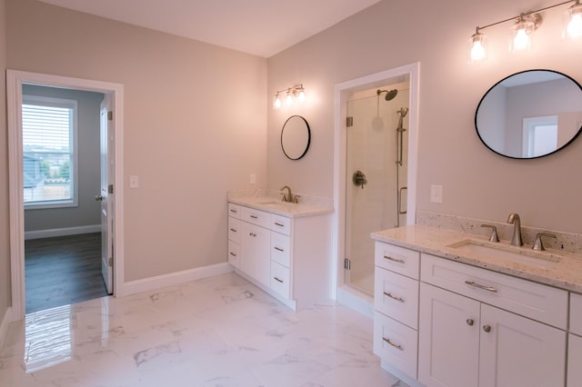 4299 Captains Ct, Lexington, KY 40513 - full bath featuring a stall shower, two vanities, marble look tile flooring, and baseboards
